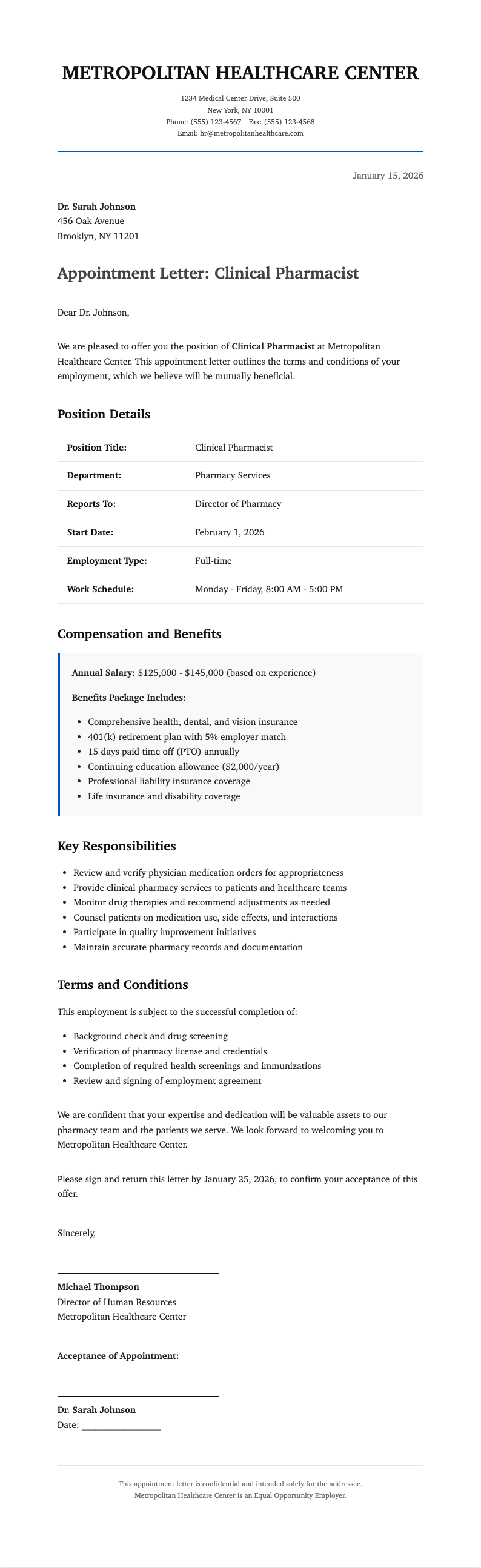 Classic professional pharmacist appointment letter